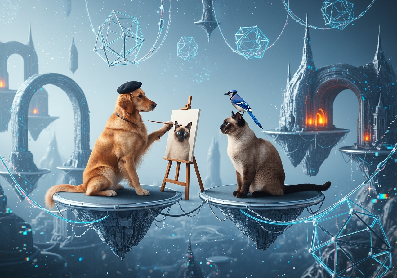 Surreal scene of a dog painting a cat portrait, defying natural laws and expectations, symbolizing innovative and compassionate veterinary care approaches