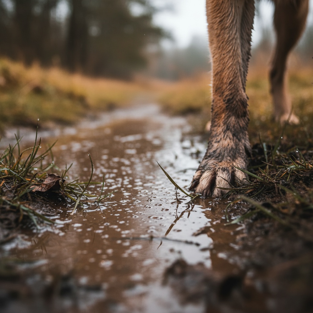Dog paw standing in muddy puddle after rain showing leptospirosis transmission risk for Brisbane pets