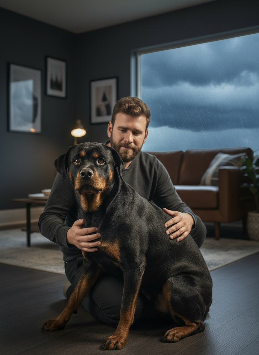 Mobile veterinarian Dr Stuart sitting on floor with scared Rottweiler during thunderstorm in Brisbane home