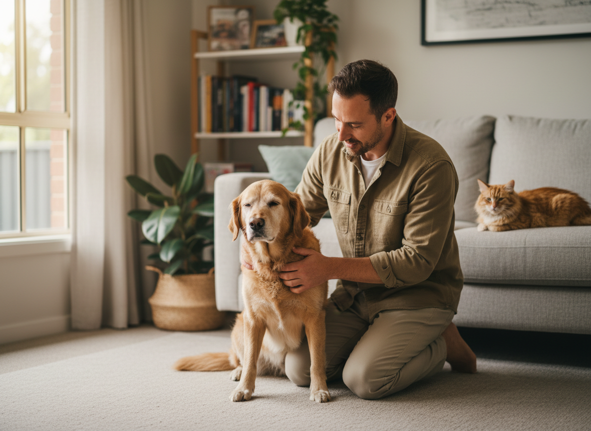 Mobile vet gently assessing an older dog at home in Brisbane while a relaxed cat rests nearby.