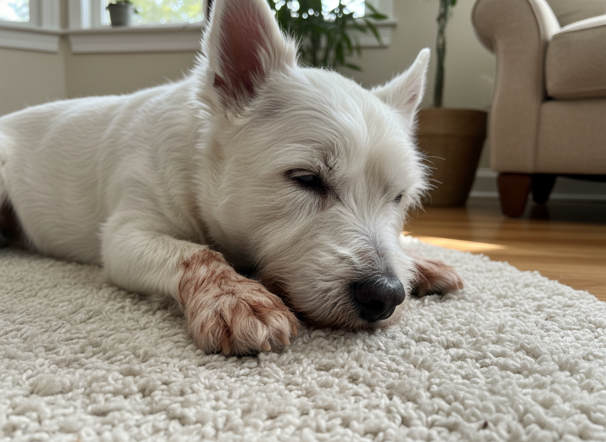 White dog resting on a rug with prominent reddish-brown saliva staining on its front paws, clearly demonstrating a common sign of atopic dermatitis.