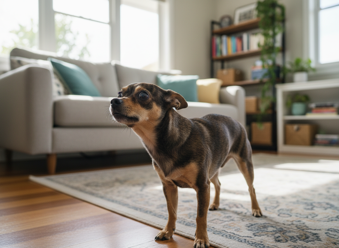 A small dog stands in a comfortable Australian home, stretching her neck forward and making a snorting face during a reverse sneezing episode. The scene is calm and natural, with soft lighting and no medical props.