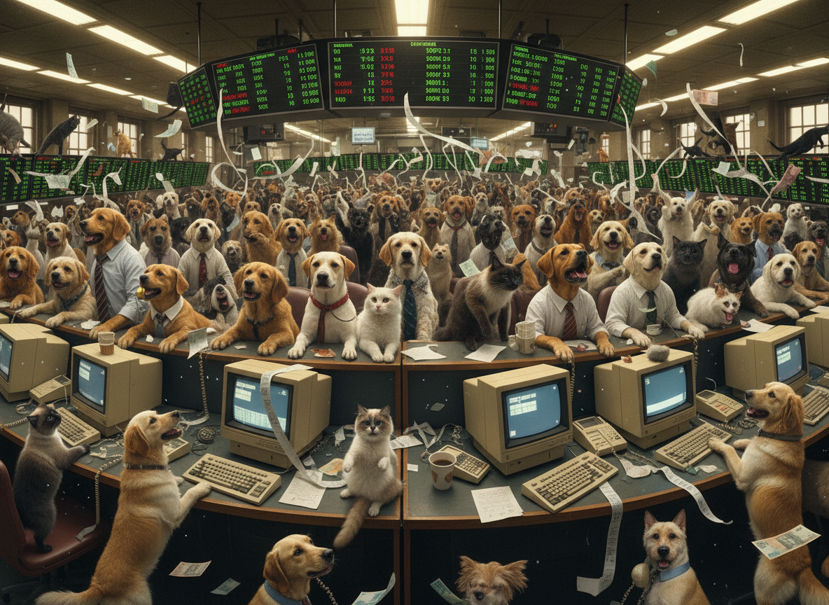 A chaotic 1980s Wall Street trading floor packed with dogs and cats instead of people, with Australian dollar notes flying through the air, old CRT monitors on desks, and stock ticker boards hanging from the ceiling.