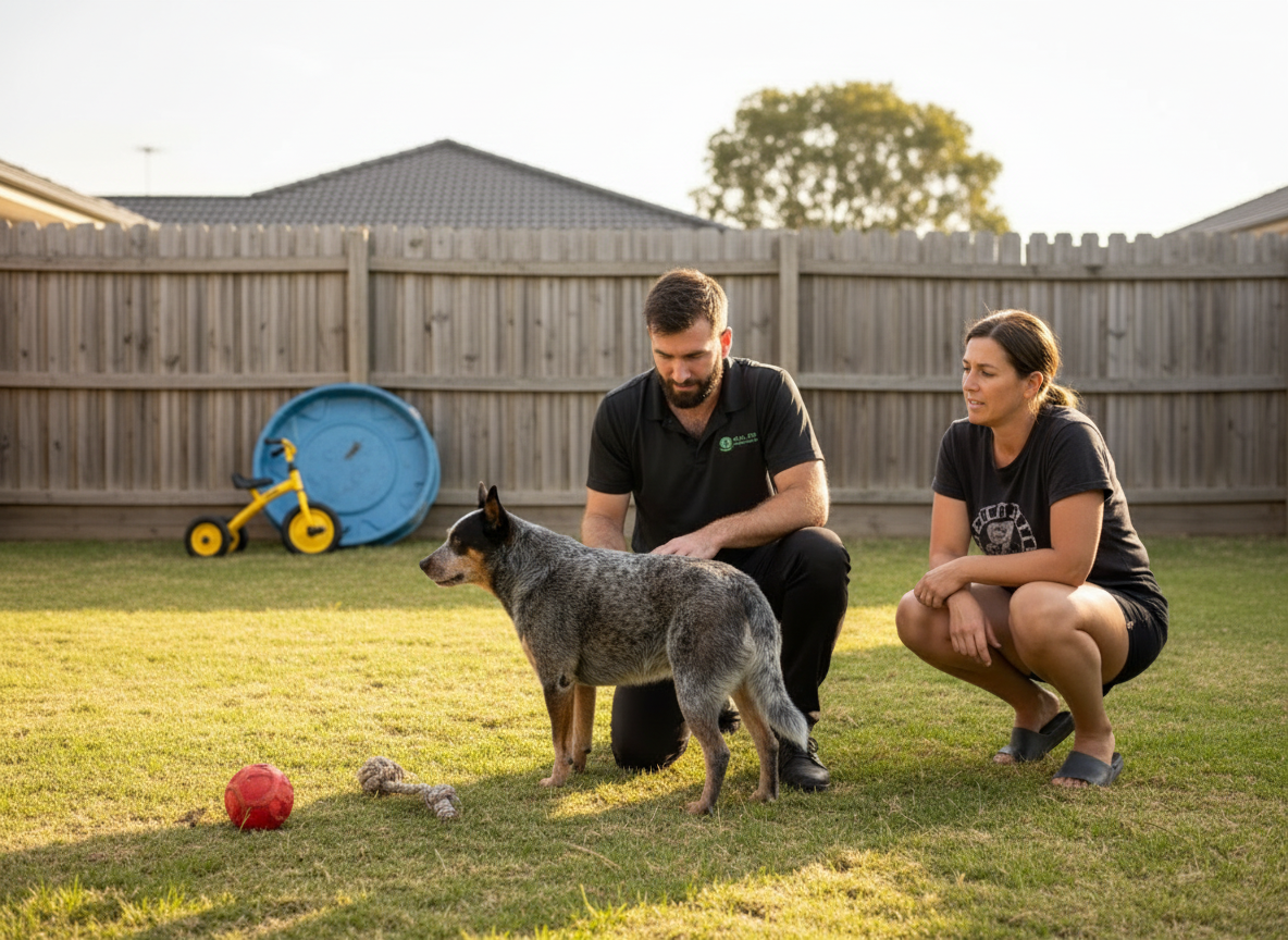 Calm dog resting at home beside owner while a mobile veterinarian discusses urinary incontinence treatment