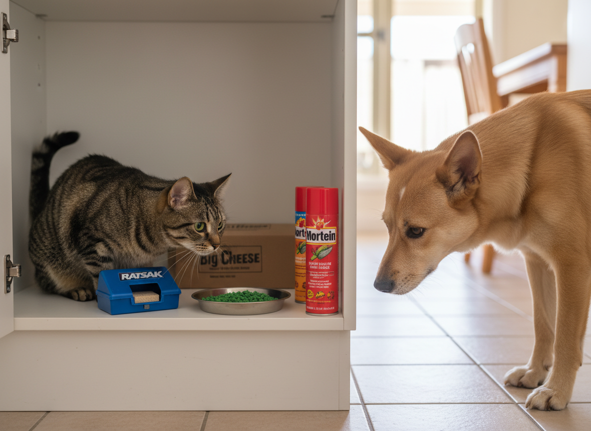 Cat and mixed-breed dog near visible rodenticide and pesticide products in a household cupboard, showing poisoning risks for pets.