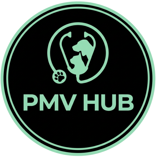 PMV Hub logo — circular black and teal badge featuring a stethoscope with dog and cat silhouettes, a paw print bell, and the text PMV HUB